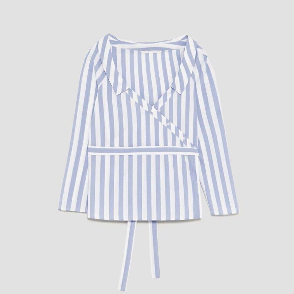 Zara Striped Wrap Blouse with Belt in Blue and White Size XS NEW WITHOUT TAG! - Picture 4 of 7